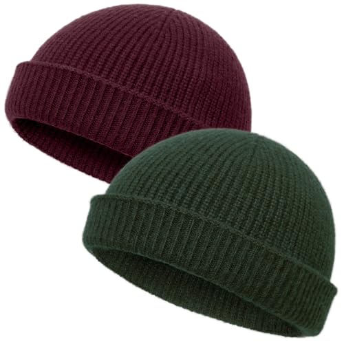 vidsel Thin Wool Fisherman Beanie Hat for Men Women Fall Winter,Short Knit Cuffed Fashion Trawler Skull Cap,Watch Cap,Wine-Red,Green