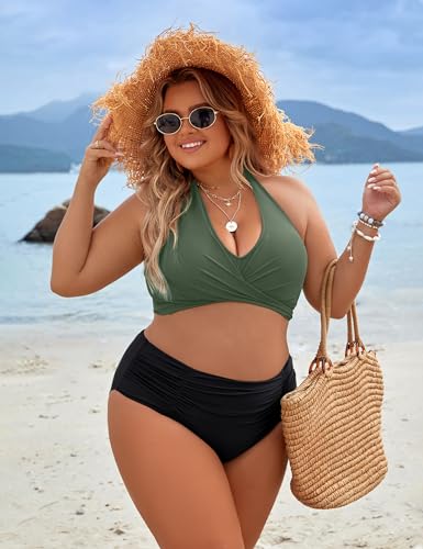 Blooming Jelly Bathing Suit for Women Tummy Control High Waisted Bikini Sets 2 Piece Swimsuit (Large, Black Green)