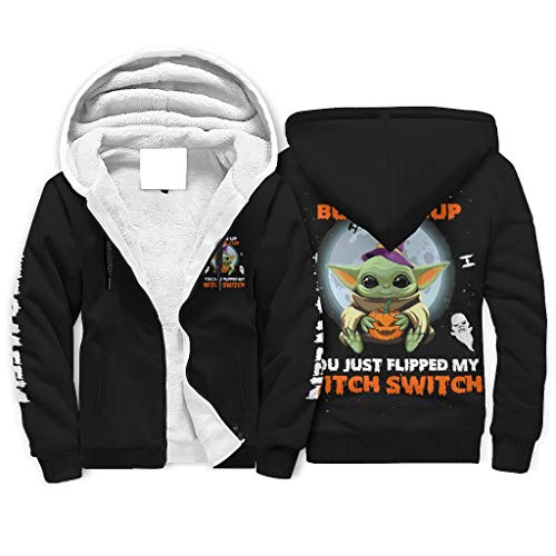 Mens Hoodie Halloween Yoda Baby Classic Lightweight Sherpa Lined Full-Zip Long Sleeves Fleece Sweatshirt with Pocket White s