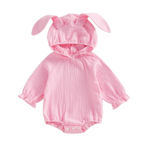 Aiwpstoin Newborn Baby Easter Outfit Girl Boy Bunny Ear Hoodie Long Sleeve Bubble Romper Cute Infant Spring Clothes (Pink 3-6 Months)