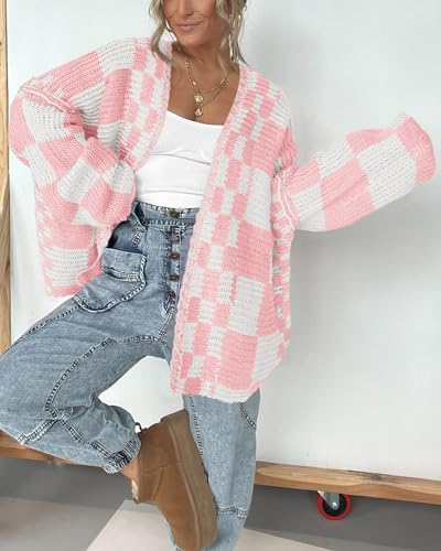 Image of BTFBM Casual Cardigan Sweater for Women Fall 2026 Long Sleeve Open Front Chunky Knit Sweaters Checkered Outwear Coat