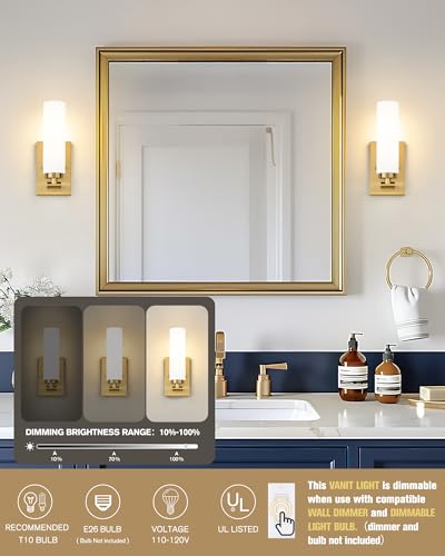 Image of Emak Brushed Gold Wall Sconce, Modern Bathroom Vanity Sconces Wall Light Fixtures with Milk Glass Shade for Bathroom, Mirror, Living Room, Bedroom, Gallery, WS086-BGD-ML-2PK