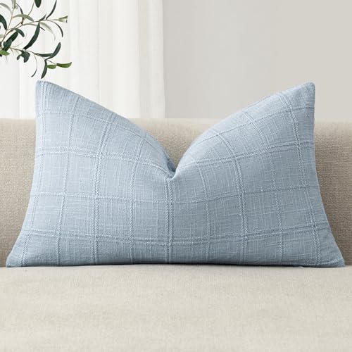 Image of Foindtower Set of 1 Decorative Linen Check Throw Pillow Cover Neutral Farmhouse Lumbar Cushion Cover Modern Boho Accent Home Decor for Sofa Chair Couch Bedroom Living Room,12x20 Inch,Sky Blue