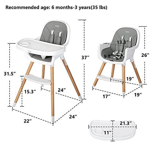 Kinder King 3 In 1 Convertible Baby High Chair, Wooden Highchair W/Double Removable Tray, Infant Feeding Chair-Toddler Chair, Adjustable Legs, Detachable Footrest & Pu Cushion, 5-Point Harness, Grey #TOP6