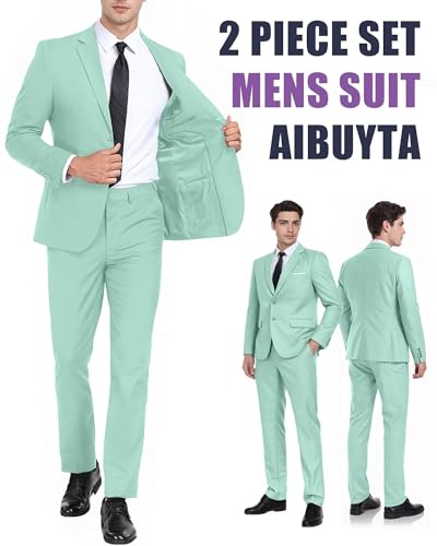 Mens Suits Slim Fit 2 Piece, Solid Blazer Pants Business Suit Set Prom Tuxedo Wedding Suit Jacket Pants Set2