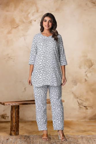 Image of Women's Pure Cotton Printed Night Suit,Top and Relaxed Pajama Set, Stylish Sleepwear, Casual Wear