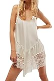 Women's Lace Flowy Mini Dress Y2k Spaghetti Strap Slip Dress Drop Waist Short Tunic Dress Lingerie Nightgown (Cami White, M)