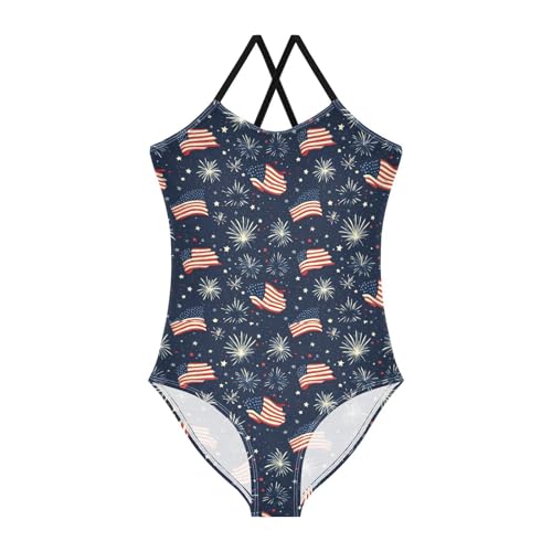 American Flag Firework Girls Swimsuits Quick Dry Crossback One Piece Beach Swimwear Bathing Suit