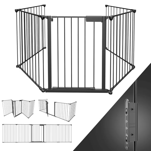 Peviasot Kaminschutzgitter mit Tür Metall 310 cm | Kamingitter Absperrgitter faltbar | Sicherheitsgitter mit Drucköffnungsmechanismus | Türschutzgitter für Kinder-Sicherung,5-teilig Elemente Schwarz