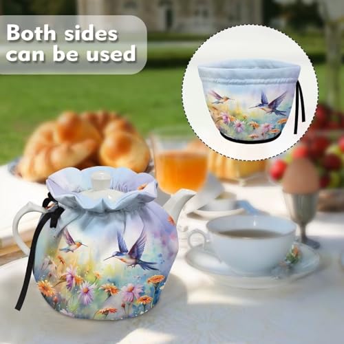 Image of Hummingbird Daisy Tea Cozy Kettle Dust Cover Large Tea Cosy Portable Easy to Clean Tea Pot Dust Cover Insulated Tea Cosy for Home Kitchen Office Holiday Party Decor, CZA18