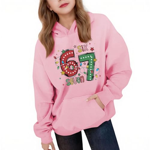 Sudaderas con capucha para niñas con gráfico de 67 letras, divertidas y holgadas para niños de seis y siete, sudaderas deportivas activas para la escuela, festivales, ropa preparada, A61 rosa, 5-6