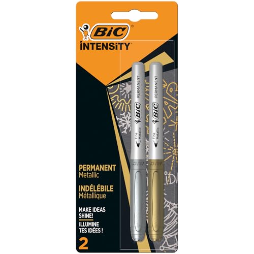 BIC Intensity Marqueur Indélébile Métallique Pointe Incurvée Fine et Corps Métallisé - Couleurs métallisées assorties, Blister de 2