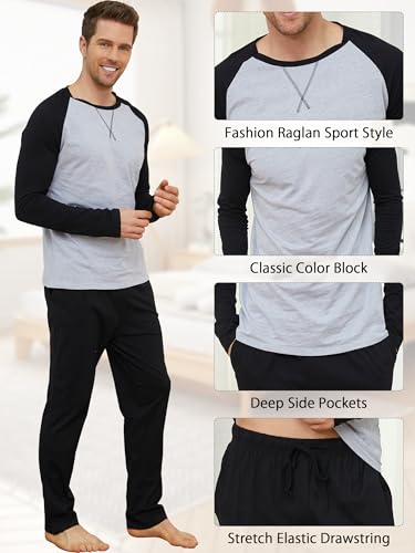 Mens Pajamas Set Cotton Pjs for Men Sleepwear Long Sleeve & Pajama Pants Soft 2 Piece Sets with Pockets4