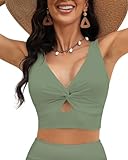 LookbookStore Women's Green Crop Tankini V-Neck Swim Tops Size L, 12, 14
