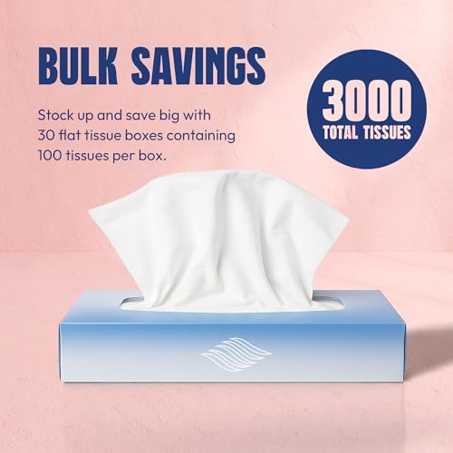 Image of Bulk Tissues, 30 Flat Boxes, 100 Sheets /Box, 3000 Facial Tissues Total, 2-Ply, Soft, White, for Office, Business & Home, Commercial Flat Box Tissues, Hypoallergenic, Unscented, Packaging May Vary