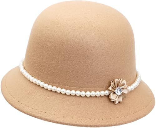 Image of Lynmquober Vintage Cloche Hat 1920s Fedora Felt Bowler Hat for Women Khaki
