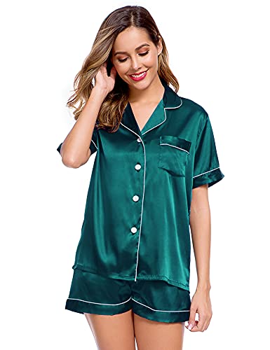 Image of LecGee Womens Silk Satin Pajamas Short Sleeve Loungewear Two-Piece Sleepwear Button-Down Pj Set
