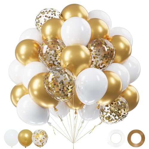 Netnology Gold and White Balloons Set 60Pcs 12 Inch White Metallic Gold and Gold Confetti Latex Balloon for Birthday Baby Shower Bridal Shower Wedding Graduation Party Decorations
