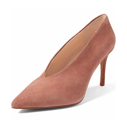 XYD Women's Fashion Suede High Heel Pumps Pointed Toe V Cut Slip On Dress Shoes