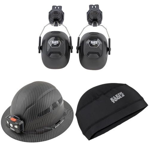 Klein Tools 60502 Earmuffs & 60347 Hard Hat & 60181 Cooling Helmet Liner, Under Hard Hat Cap with Mesh Fabric At Crown