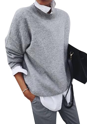 Image of YMING Women's Winter Lapel Shirt Collar Pullover 2 in 1 Style Sweater Long Sleeve Comfy Loose Casual Blouse Tops Grey S