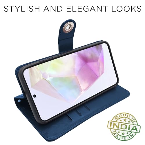 Image of Pikkme Samsung Galaxy A35 5G Flip Cover Leather Finish | Inside TPU with Card Pockets | Wallet Stand and Shock Proof | Complete Protection Button Flip Case (Blue)