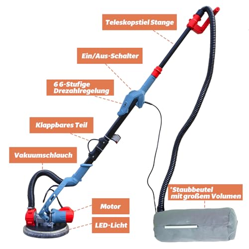 FANZTOOL Trockenbauschleifer 750W mit Integriertem Staubsauger, Ø 225 mm, bis 120° Neigbarer Schleifkopf,1,9m Teleskopierbar,Wand & Deckenschleifer inkl. 12 Schleifscheiben & LED-Arbeitsleuchte