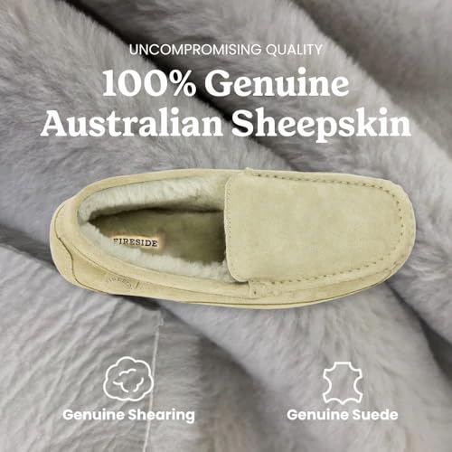 Image of Fireside By Dearfoams Men's Melbourne Genuine Shearling Moccasin Slippers, Memory Foam Sudede Loafers Slip-in House Shoes