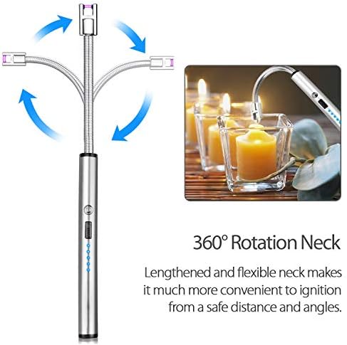 AUERVO Electric Arc Lighter Candle Lighter USB Rechargeable Multi Purpose Longer Flexible Neck Lighter Flameless Windproof for Kitchen Grilling BBQ Camping Stove (Silver)