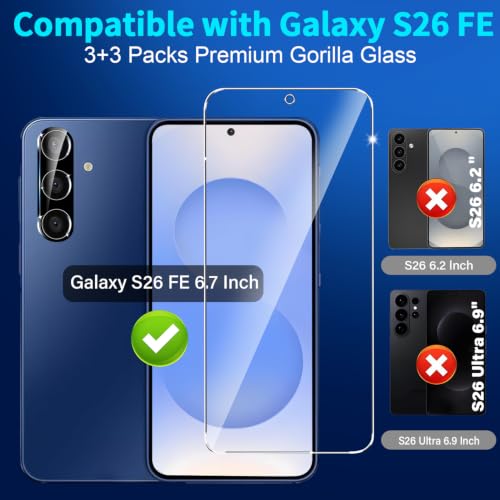 Image of firtstnow 3 Pack for Samsung Galaxy S26 FE Screen Protector Tempered Glass + 3 Pack Camera Lens Protector, Military Grade Shatterproof, 9H Hardness, Fingerprint Unlock, Case Friendly 6.7 Inch