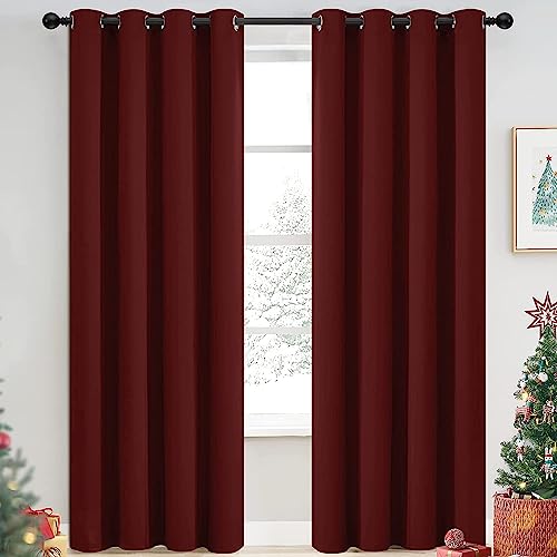 Yakamok Blackout Curtains Room Darkening Thermal Insulated Window Panels,Solid Grommet Top Drapes for Bedroom/Living Room(52Wx90L, Burgundy Red, 2 Panels)