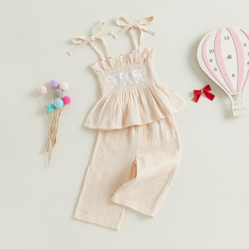 Loalirando Kinder Baby Mädchen Zweiteiler Sommer Kleidung Set Musselin Ärmellos Oberteil + Hose Outfits (Kleine Schleifen Apricot, 3-4 Jahre)