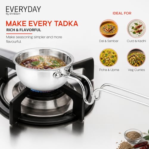 Image of Shri & Sam Everyday 11cm /300ml Tri-Ply Stainless Steel Tadka Pan with Stand-Handle | Gas & Induction Compatible | Heavy Gauge | Long Wire Handle for Cool Grip
