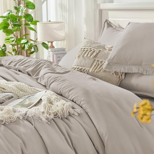 Image of Andency Full Size Comforter Set Heather Grey -7 Pieces Boho Tassel Bed in a Bag Soft Lightweight Bedding Sets, Fringe All Season Bed Set with Comforter, Sheets, Pillowcases & Shams