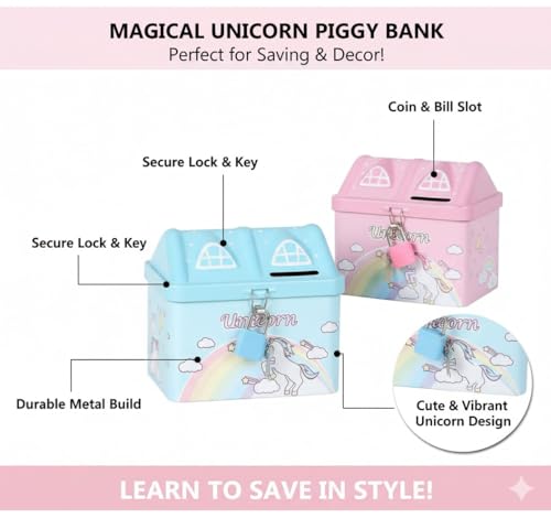 Image of Unicorn Printed Hut Shape Coin Bank Piggy Bank for Kid with Lock & Key Money Saving Storage Bank for Children Coin Collection Box for Girl Small Saving Box for Boys (L, 1, Count)