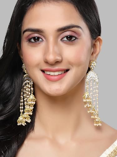 Image of Karatcart Gold Plated Pink Meena Lotus Design Kundan Dangler Earrings for Women (color may slightly vary due to photographic effect)