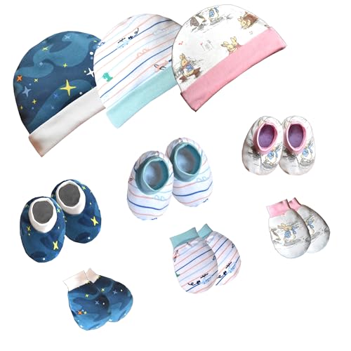 VParents Baby Mittens Caps Gloves and Booty Combo for Unisex Booty Durable Cotton Gift Set Assorted Deisgn (Pink Blue and Dark Blue) (0-3 month) pack of 3
