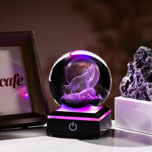 Image of Qianwei Wolf Gifts for Women 3D Crystal Ball Figurines Statue Night Light | Wolves Globe Decor 3.14'' Laser Engraved Glass Animals Stuff For Room Lamp Decorations Wolf Theme Birthday Gifts For Men