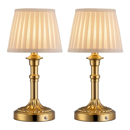 VISDANFO Set di 2 lampade da tavolo senza fili, paralume in tessuto a LED, piccola lampada da tavolo con batteria, dimmerabile, per soggiorno, sala da pranzo, camera da letto, bagno (Bronzo)