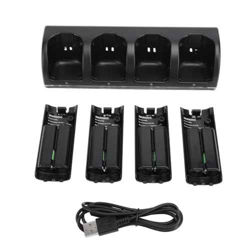 Remote Control Battery Charger Station with 4 Battery Packs for Wii Remotes, LED Light Display, USB Cable Included, Adpater for Wii Remote Controller (Black)