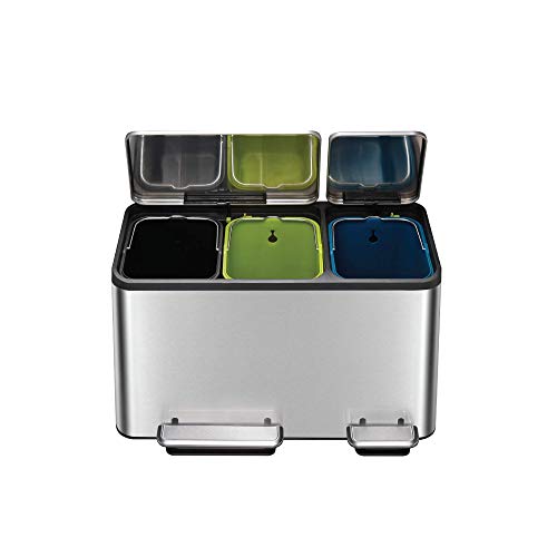 EKO - Ecocasa Recycling Keukenbak - Pedaal vuilnisbak metDrie verwijderbare binnenemmers - Perfect voor keuken & thuis, roestvrij staal, 15+15+15 liter
