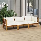 Resistente a la intemperie vidaXL Sofá de Jardín de 3 Plazas con Cojín Patio Terraza Exterior Hogar Silla Asiento Muebles Mobiliario Suave Robusto Crema Madera de Acacia