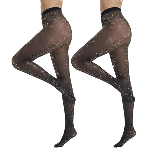 InfiniZer 2Pairs Sparkly Tights Women (UK Alpha One Size Regular Regular Black Gold Wire)