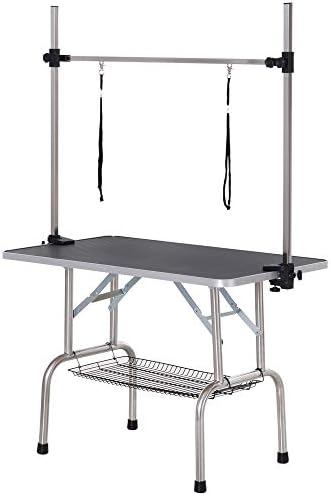 PawHut Adjustable Dog Grooming Table Rubber Top 2 Safety Slings Mesh Storage Basket Heavy Metal Black 107 x 60 x 170cm