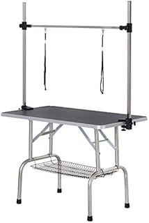 PawHut Adjustable Dog Grooming Table Rubber Top 2 Safety Slings Mesh Storage Basket Heavy Metal Black 107 x 60 x 170cm