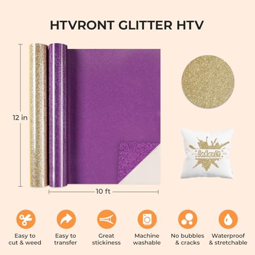 Image of HTVRONT Champagne Gold Glitter HTV Heat Transfer Vinyl - 12 inch x 10ft Champagne Gold Glitter Iron on Vinyl for Shirts, Glitter HTV Vinyl Rolls for Heat Transfer Design
