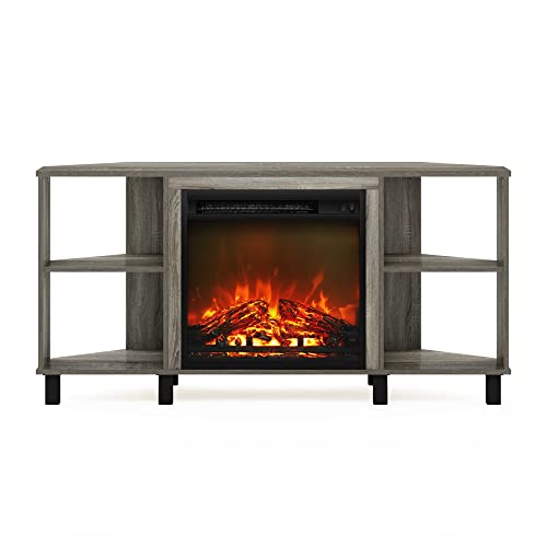 Image of Furinno Jensen Corner Fireplace TV Stand with 4 Open Compartments for TV up to 55 Inches, French Oak Grey