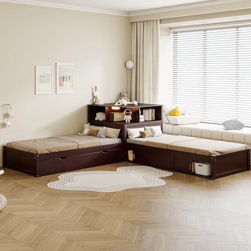Double Twin Bed Frames with Trundle, Desk and Storage Cabinets, Espresso | L Shaped Twin Corner Platform Bed Frame with LED Light and Shelves, Space Saving Floor Bedframe for Bedroom Living Room Nook