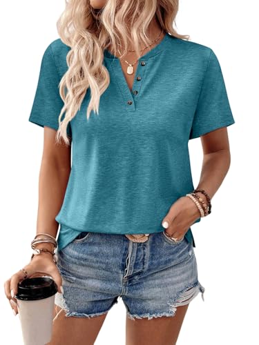 TICTICMIMI Women's V Neck Short Sleeve Tops Summer Casual Cute Loose Fit Button T Shirts