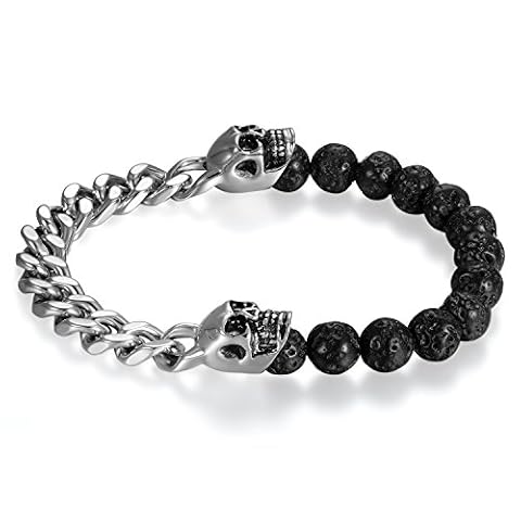 JewelryWe Biżuteria męska bransoletka z trupią czaszką, styl gotycki, punk, czaszka, łańcuszek pancerka, łańcuszek na rękę, stal nierdzewna, bransoletka dla motocyklistów, prezent, 22 centimeters